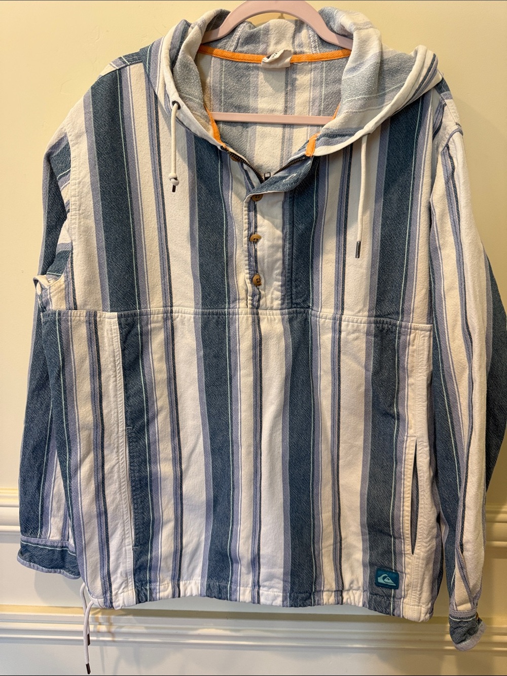 Quicksilver Hoodie Shacket Sweater Mens Sz M Striped Hipster Surfer 1/4 Button